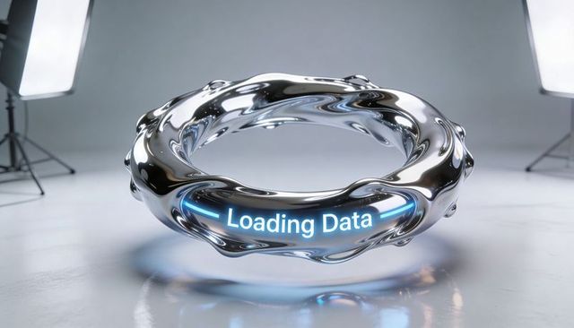 Hovering chrome torus with glowing loading data band, futuristic reflective ring