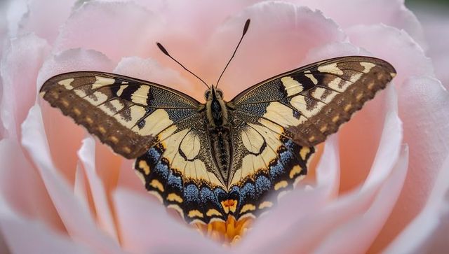 Swallowtail butterfly perching and spreading wings inside pale pink rose with dew droplets