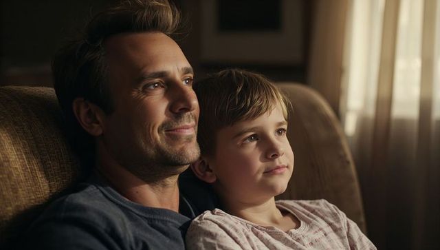 Father and son sharing quiet evening on sofa, golden sunlight bonding moment at home