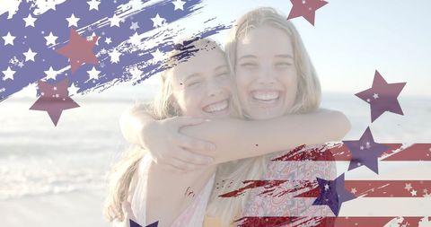 Joyful Friends Embracing on Sunny Beach with USA Flag Overlay