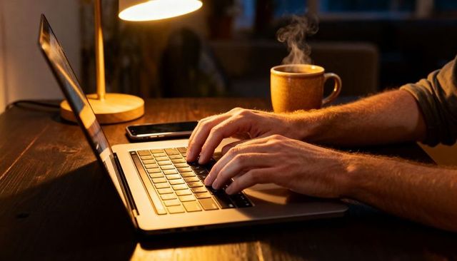 Typing on laptop during late-night remote work with steaming coffee mug and smartphone