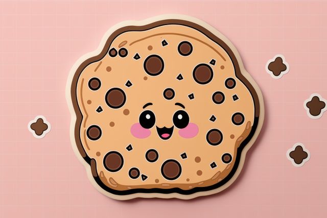 Adorable cartoon illustration of a chocolate chip cookie with a smiling face on a pink background. Ideal for use in children's books, greeting cards, food packaging, or as a decorative element in kitchen-themed designs. Perfect for promoting sweets, bakeries, and confectioneries.