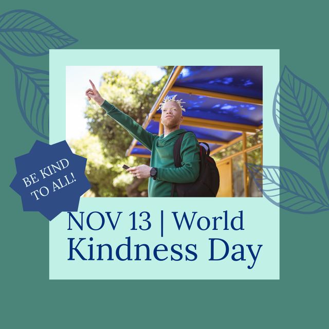 Highlighting World Kindness Day, this image features an albino man in a green sweater at a bus stop pointing ahead. Suitable for campaigns promoting awareness, community interactions, and public transport systems. Great for social media posts, blogs, and articles emphasizing kindness, public transport ethics, and inclusivity.