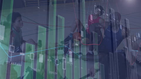 Basketball Team with Financial Graph Overlay Reflecting Data Synergy