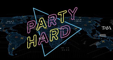 Neon party hard on digital world map for futuristic tech themes