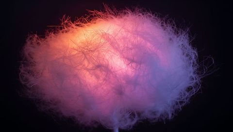 Glowing Cotton Candy Tuft with Neon Orange-Pink to Purple-Blue Gradient on Stick