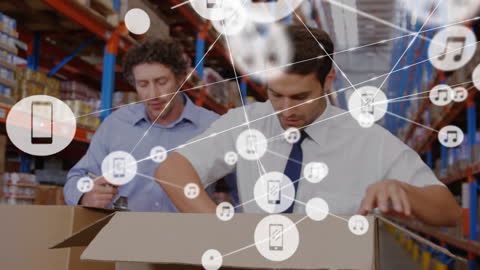 Warehouse Workers Engaged in Digital Connectivity and Logistics