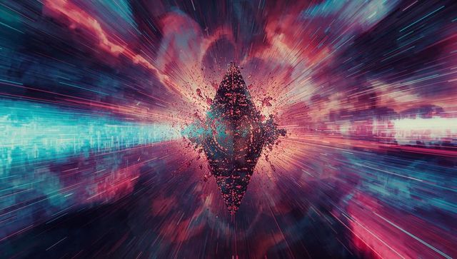 Floating Polyhedral Core Emitting Glowing Shards in Cosmic Tunnel