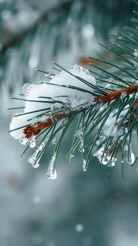 Vertical video of snow melting on fir branch and icicles dripping into soft-focus winter forest