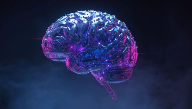 Futuristic metallic brain with neon glow symbolizes ai advancements