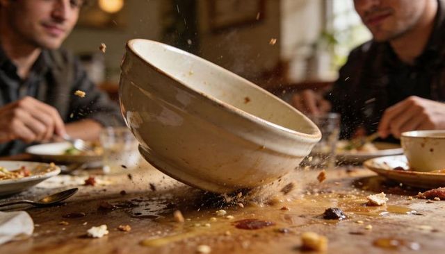 Tilting ceramic bowl spilling sauce and crumbs across wooden table, diners reacting