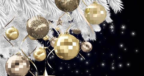 White Christmas Tree with Gold Baubles and Starry Black Background