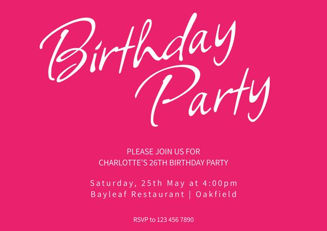 Bright and cheerful birthday party invitation featuring bold, white text on a vibrant pink background. Contains all essential details such as date, time, location, and RSVP contact number. Perfect for digital invitations, social media announcements, and printed invites.