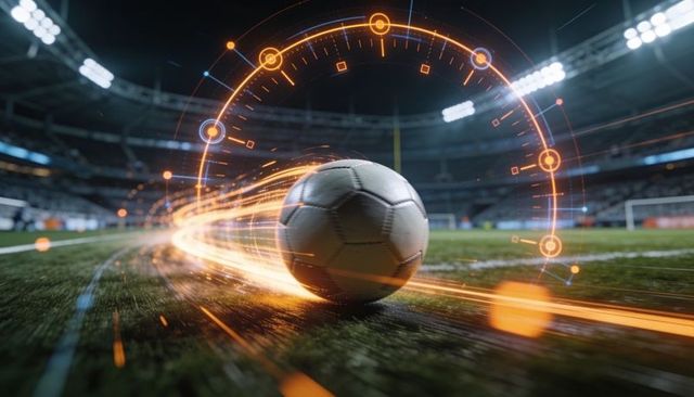 Futuristic soccer ball speed trail with hud overlay on wet artificial turf in floodlit stadium
