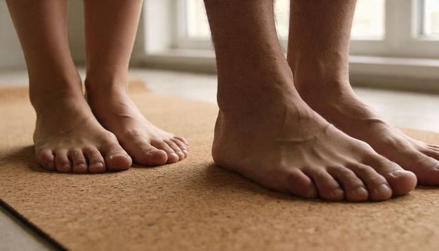 Couple standing barefoot on cork mat by window on hard floor intimate morning moment