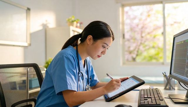 Nurse reviewing digital patient chart on tablet at clinic desk with stethoscope, vitals monitor