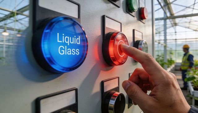 Pressing Red Control Button on Greenhouse Panel with Blue Liquid Glass Indicator