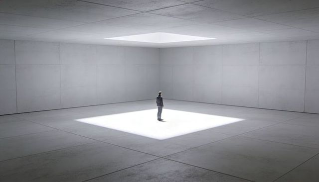 Man standing in illuminated square under skylight in minimalist concrete room
