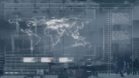 Global Data Processing Interface with World Map Over Cityscape
