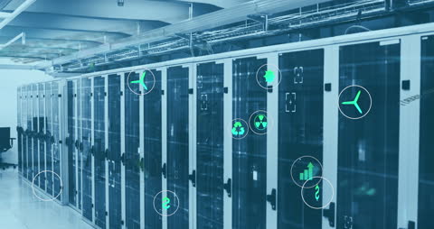Eco-Friendly Data Center with Server Rooms and Digital Icons