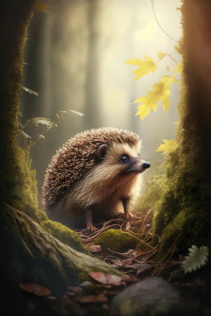 Hedgehog standing on forest floor between moss-covered trees with sunrays shining through. Ideal for nature-related content, wildlife photography themes, ecology blogs, children's book illustrations, or educational materials about forest animals and habitats.