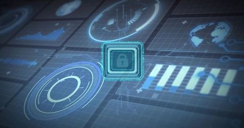 Glowing padlock module highlighting cybersecurity dashboard with futuristic hud, analytics