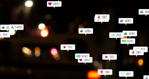 Social Media Icons with Numbers Over City Lights