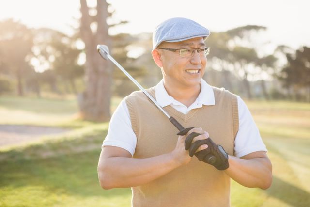 Mature man smiling and holding a golf club on a sunny day at a golf course. Ideal for use in advertisements promoting golf equipment, active lifestyle, outdoor activities, or leisure sports. Can also be used in articles or blogs about golfing tips, retirement hobbies, or health benefits of outdoor sports.