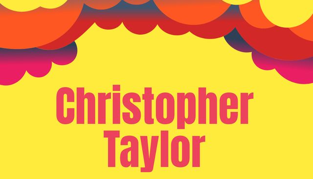 Bright, colorful gradient with orange, red, and yellow hues combining into abstract cloud shapes at the top. Bold, red typography in the center showcases the text 'Christopher Taylor'. Ideal for dynamic advertisements, presentation slides, or visually appealing social media posts.