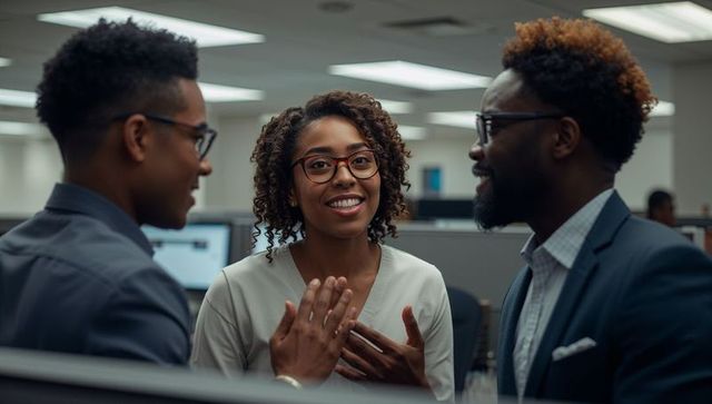 Young professionals collaborating in open office, woman leading discussion with glasses