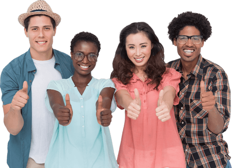 Diverse group of friends smiling and giving thumbs up on transparent background