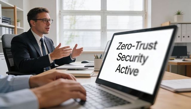 Executive presenting zero-trust security strategy during office cybersecurity meeting
