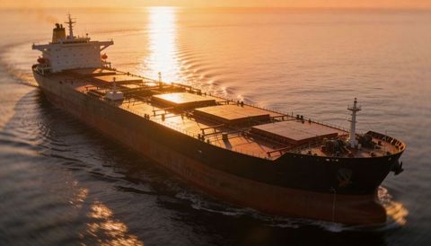 Bulk carrier cruising at sunset over calm ocean with rusted hull and wake