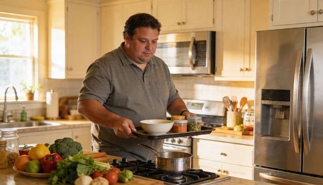 Carrying baking tray with bowls and jars while preparing fresh vegetables on gas range