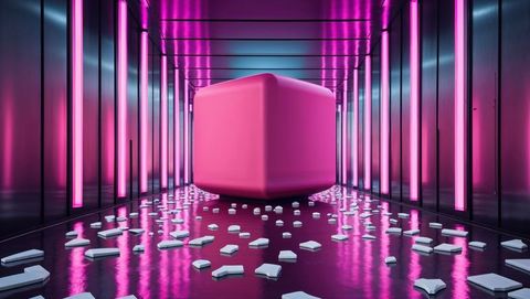 Futuristic Pink Cube Illuminated by Neon in Metal Hallway