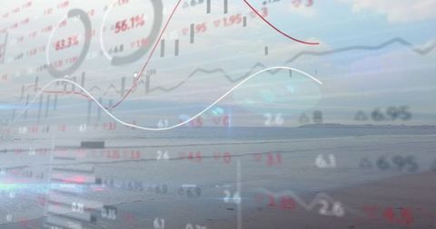 Coastal finance concept blending ocean horizon with translucent market charts and waves