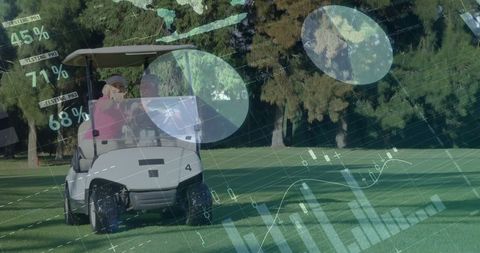 Couple Enjoying Golfing with Digital Data Overlays on Fairway
