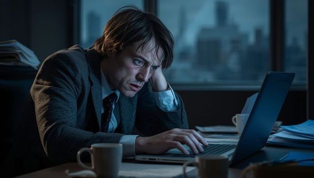 Weary Businessman Working Late on Laptop in Dimly Lit Office
