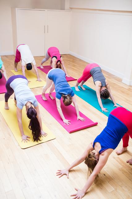 Group of people practicing downward dog pose in a yoga class. Ideal for promoting yoga classes, fitness studios, wellness programs, and healthy lifestyle content. Useful for illustrating group exercise, flexibility training, and relaxation techniques.