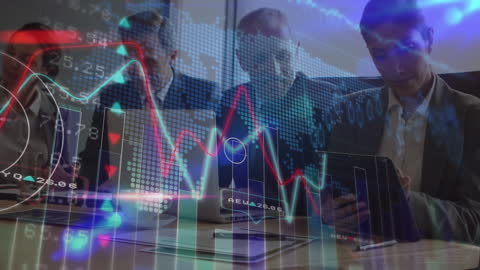 Business Team Analyzing Data with Futuristic Finance Graphics