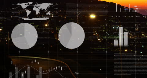 Nighttime Cityscape with Futuristic Data Analytics Overlay
