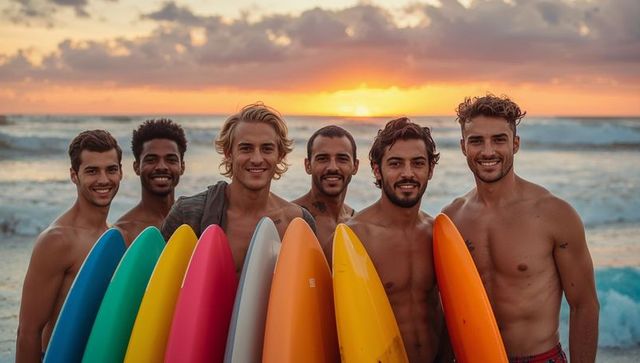 Smiling male surfers holding colorful surfboards on beach at golden hour sunset lifestyle portrait