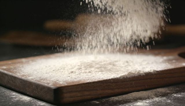 Dusting wooden cutting board with falling flour on dark butcher block, moody lighting