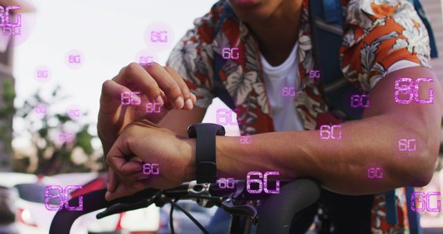 Image captures a man who is actively using his smartwatch while riding a bicycle. Digital 6G symbols overlay the scene, suggesting next-generation connectivity and advanced technology. Perfect for use in contexts related to modern technology, fitness culture, internet and mobile connectivity, as well as lifestyle blogs or advertisements promoting new digital innovations.