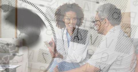 Female doctor explaining care plan on tablet during home telehealth visit with patient