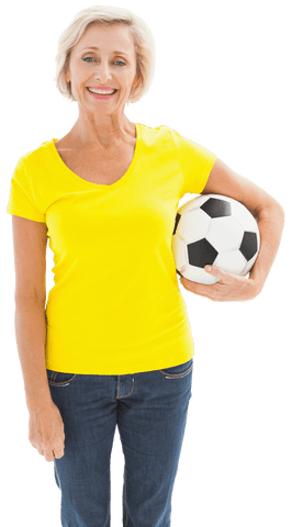 Senior Woman Holding Soccer Ball Smiling on Transparent Background