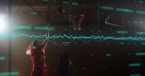Intense basketball game action with futuristic data overlay