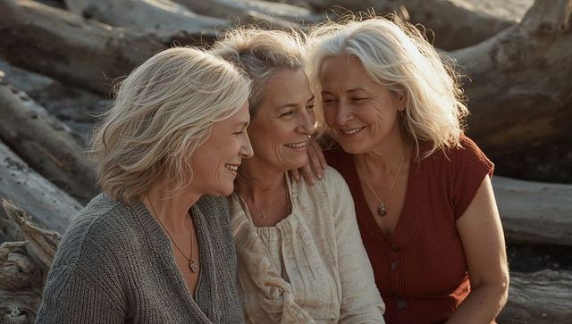 Three senior women smiling and sharing warm sunset moment on driftwood beach
