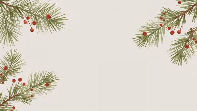 Pine branch border with red berries on soft beige background for holiday greeting cards