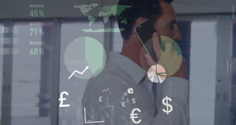 Businessman on Phone with Global Financial Data Overlay